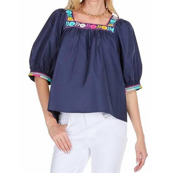 NEW JOY JOY embroidered neckline top in navy - Picture 1 of 1